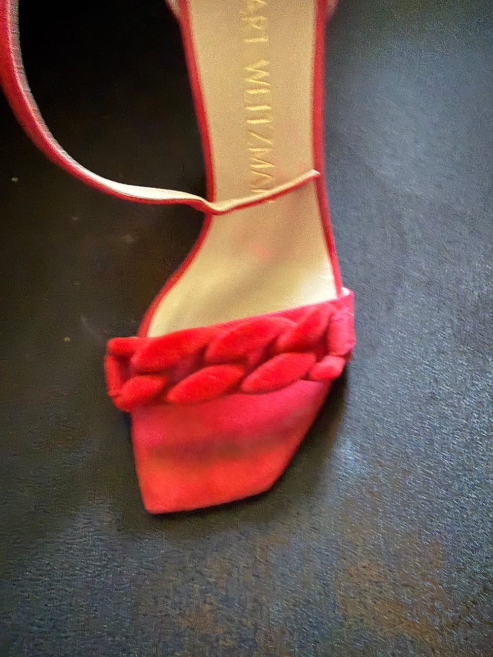 Stuart Weitzman Amelina Sandals Size 7.5  Red Suede Velvet Chain Strap